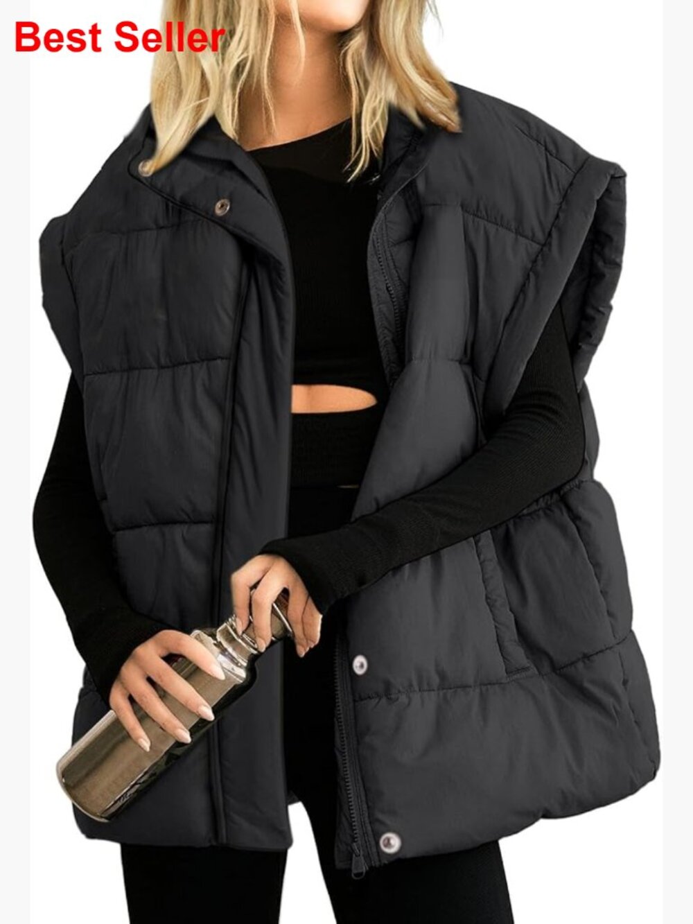 Oversized Puffer Vest Stand Collar Full Zip Sleeveless Quilted Polyester